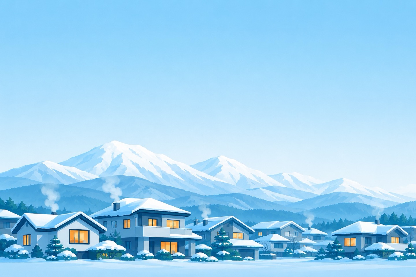 雪をかぶった山並みと住宅街が広がる冬の風景